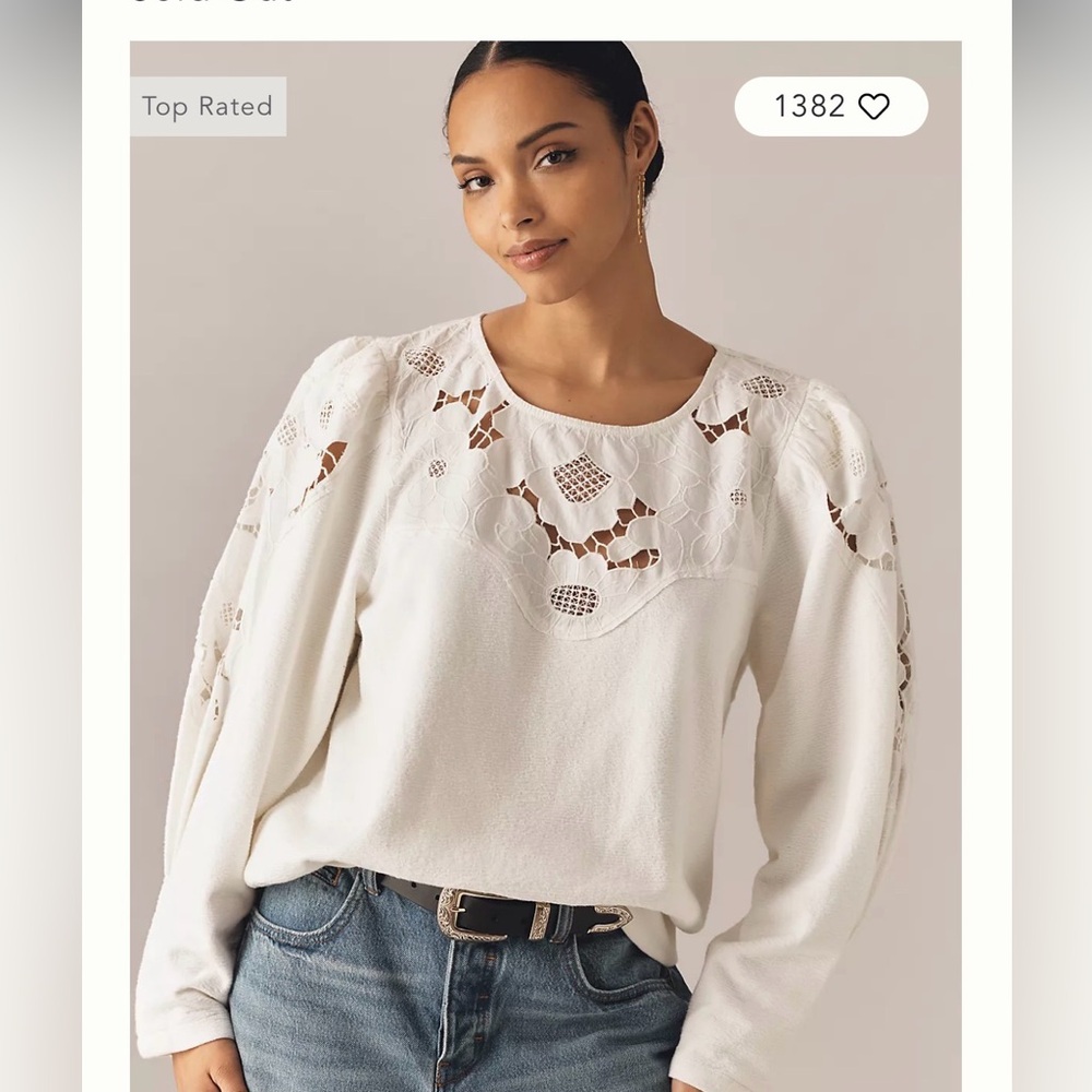 Anthropologie Lace Cutwork Mutton-Sleeve White Lace Yoke Pullover Sweatshirt